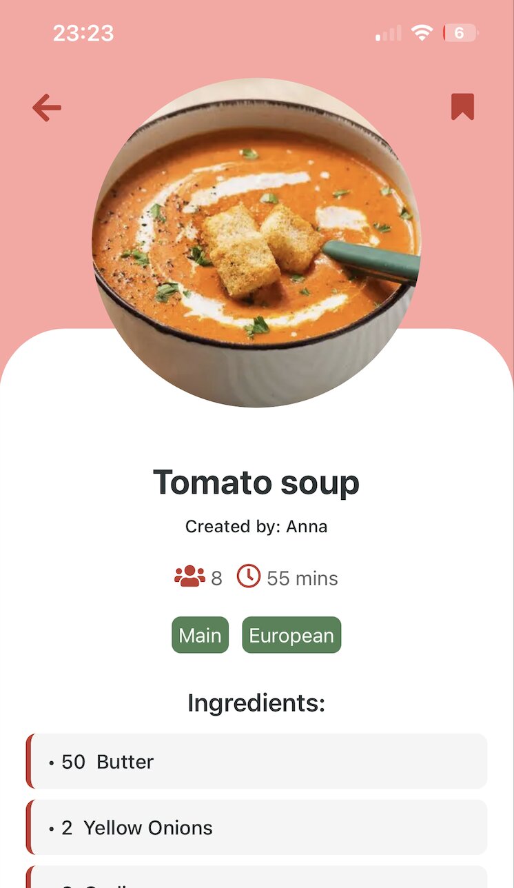 Capture d'écran d'une application de recette crée par Marie Roche